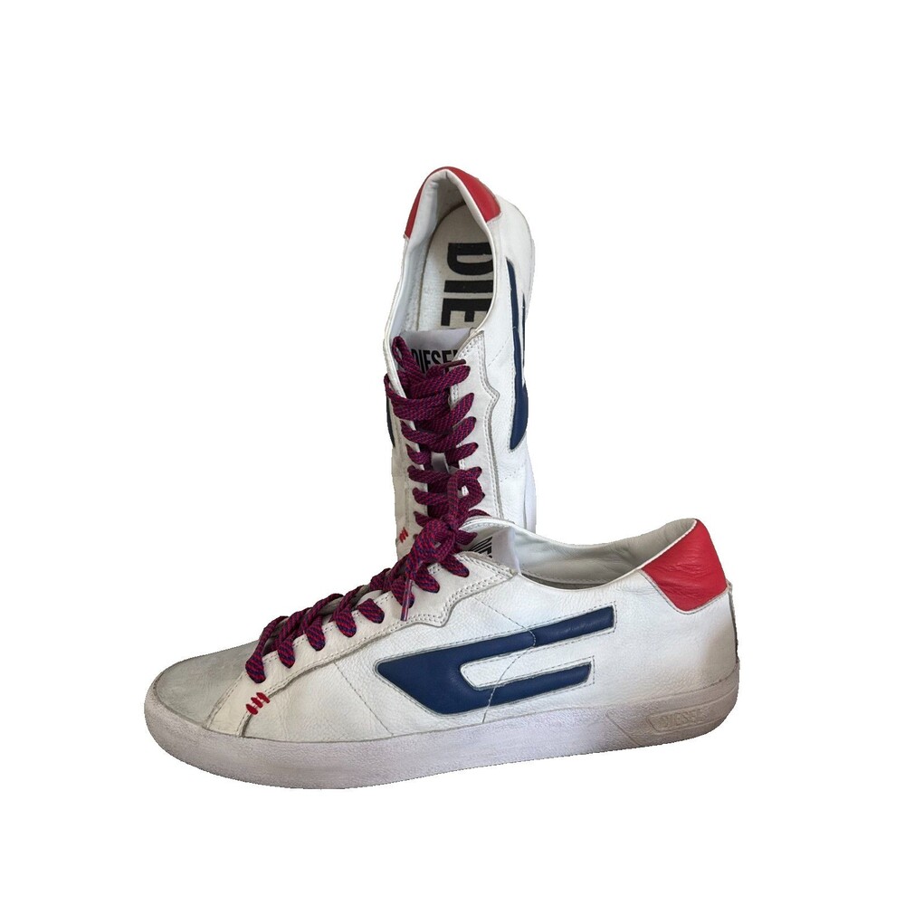 Diesel White Leather Sneakers Red Blue Low Top Casual Shoes Mens Size 12 EU 45